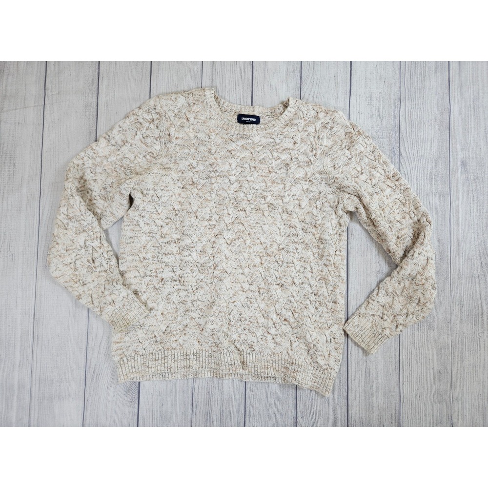 Lands' End Sweater Women's XL Beige Marled Cotton Cable Knit Crewneck Fisherman